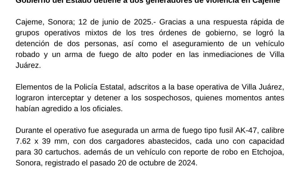 Gobierno del Estado detiene a dos generadores de violencia en Cajeme